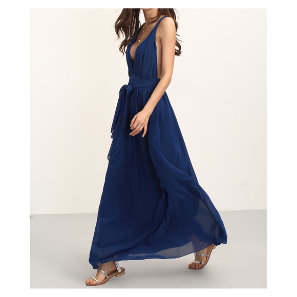 Blue Deep V Neck Chiffon Maxi Dress - Picture 4 of 5